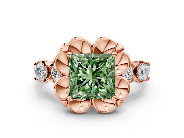 Rose gold Fancy Green Princess  Cut Diamond Floral Halo Engagement Ring with Shared Prong Setting