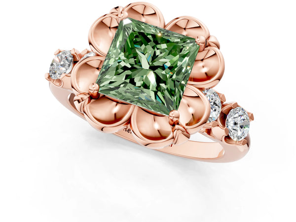 Rose gold Fancy Green Princess  Cut Diamond Floral Halo Engagement Ring with Shared Prong Setting