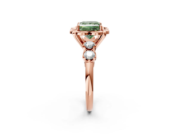 Rose gold Fancy Green Princess  Cut Diamond Floral Halo Engagement Ring with Shared Prong Setting