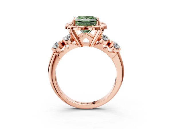 Rose gold Fancy Green Princess  Cut Diamond Floral Halo Engagement Ring with Shared Prong Setting