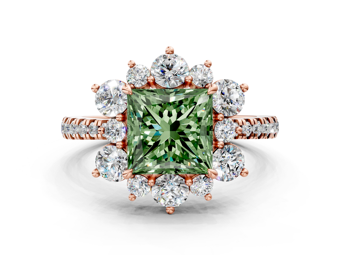 Rose gold Fancy Green Princess  Cut Diamond Floral Halo Pave Band with Prong Setting