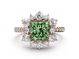 Rose gold Fancy Green Princess  Cut Diamond Floral Halo Pave Band with Prong Setting