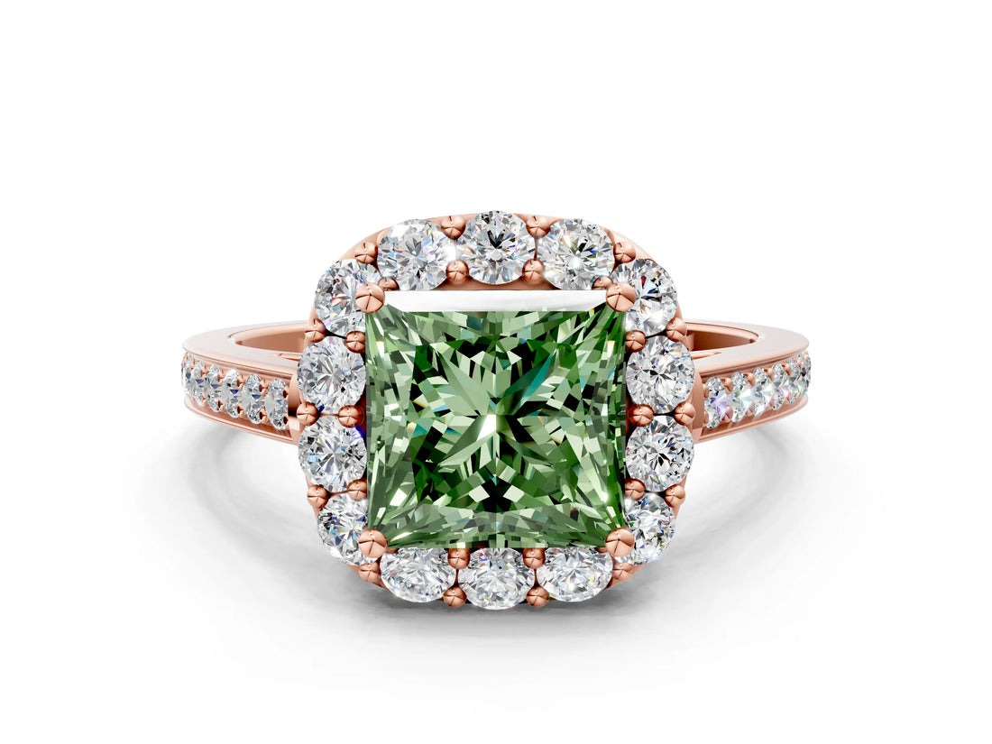 Rose gold Fancy Green Princess Cut Diamond Floral Halo Ring with Pavé Band and Prong Setting_3