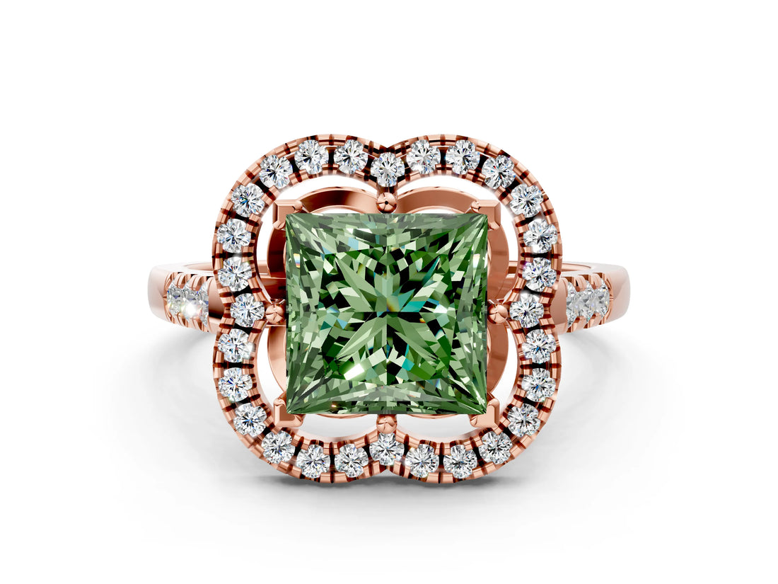 Rose gold Fancy Green Princess Cut Diamond Floral Halo Split Shank Prong Setting Ring_12