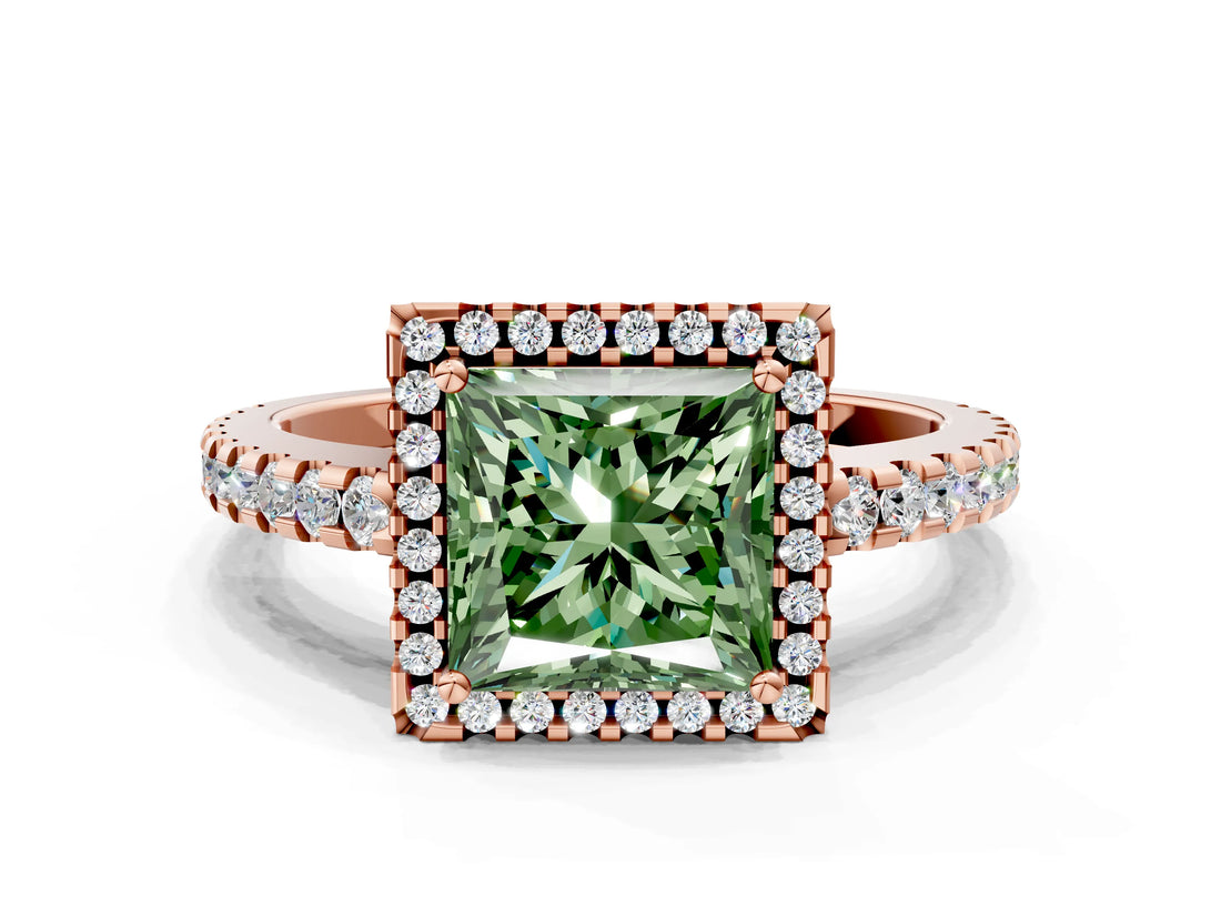 Rose gold Fancy Green Princess Cut Diamond Halo Engagement Ring with Pavé Band and Prong Setting_27