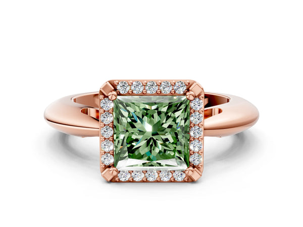 Rose gold Fancy Green Princess  Cut Diamond Halo Engagement Ring with Split Shank and Four-Prong Setting