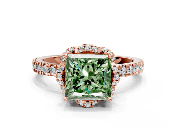 Rose gold Fancy Green Princess Cut Diamond Halo Pave Band with Four-Prong Setting