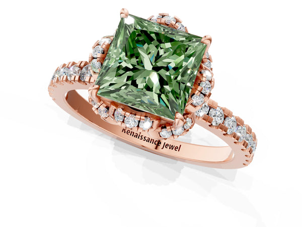 Rose gold Fancy Green Princess Cut Diamond Halo Pave Band with Four-Prong Setting