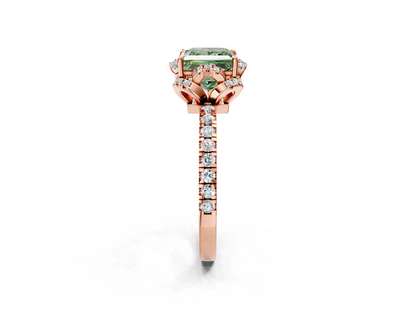 Rose gold Fancy Green Princess Cut Diamond Halo Pave Band with Four-Prong Setting