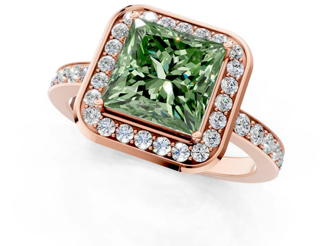 Rose gold Fancy Green Princess Cut Diamond Halo Ring with Bezel Frame and Pavé Band_1