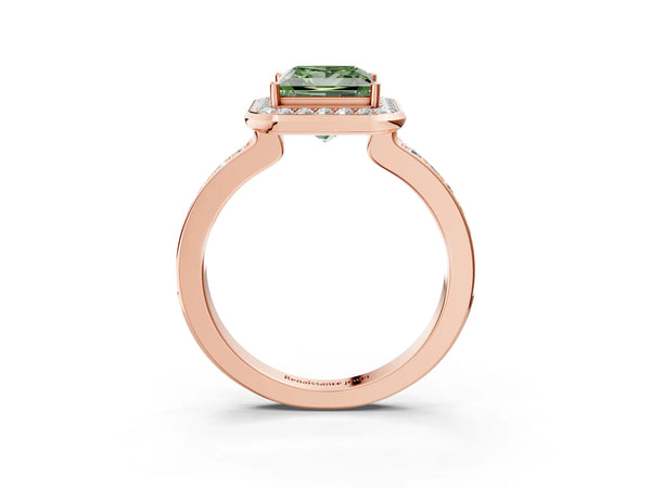 Rose Gold Princess Cut Pave Bezel-Rim Halo Engagement Ring Setting for Fancy Green Center