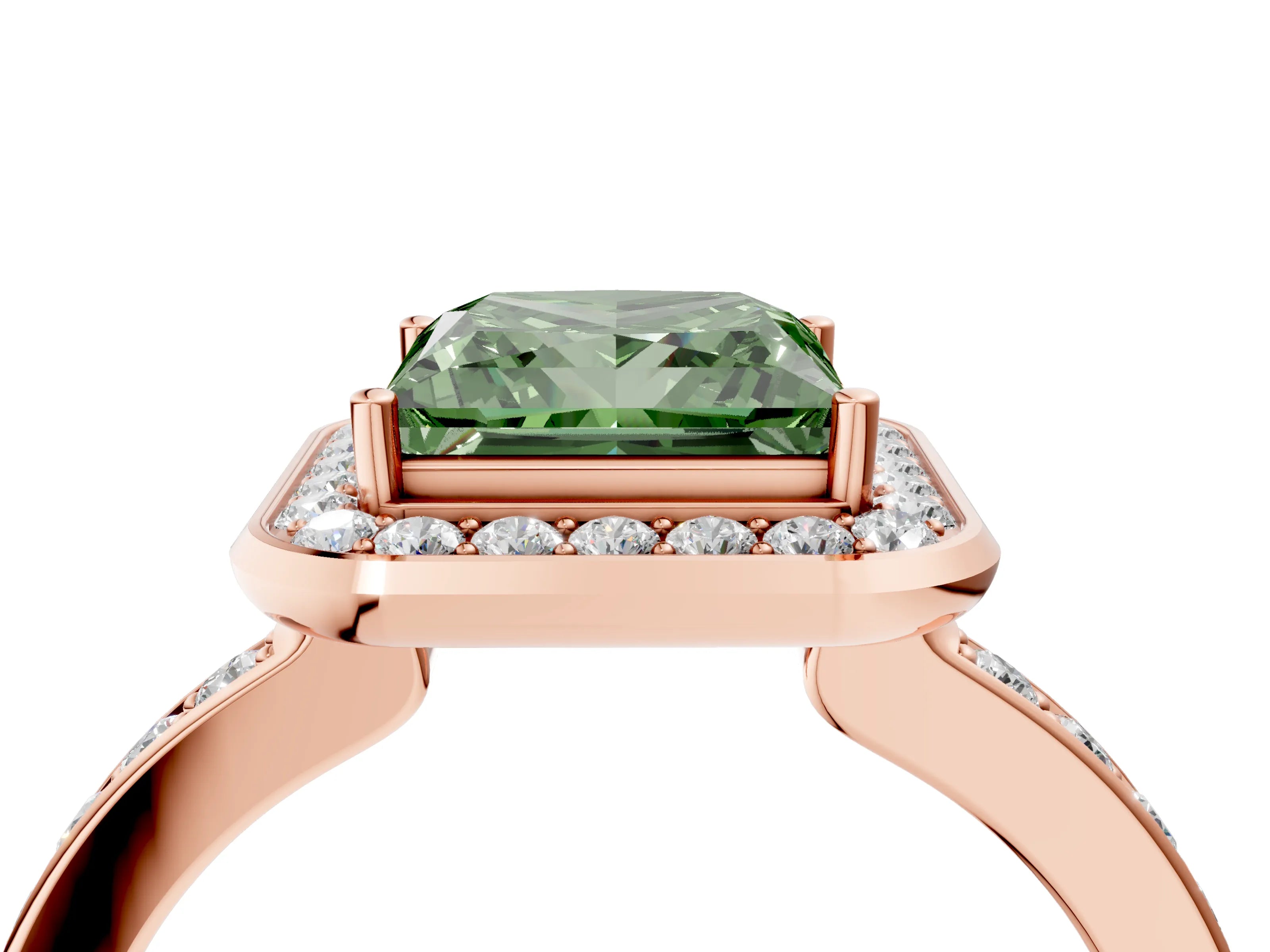 Rose gold Fancy Green Princess Cut Diamond Halo Ring with Bezel Frame and Pavé Band_4