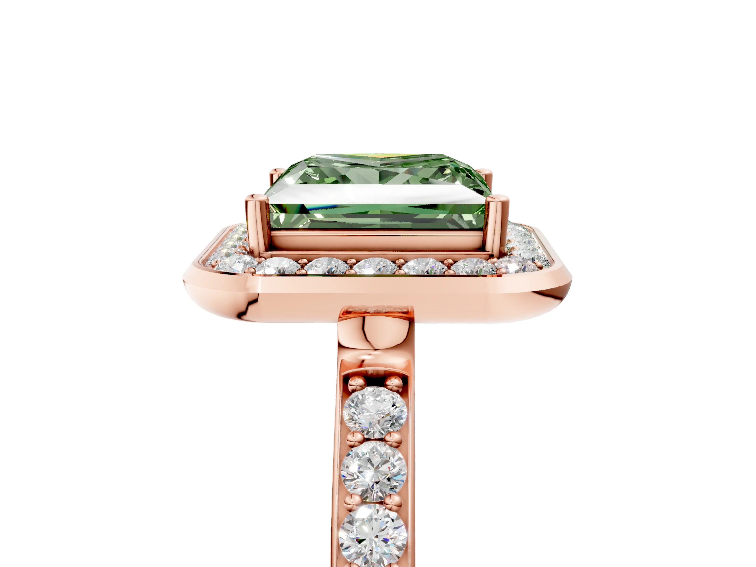 Rose gold Fancy Green Princess Cut Diamond Halo Ring with Bezel Frame and Pavé Band_5