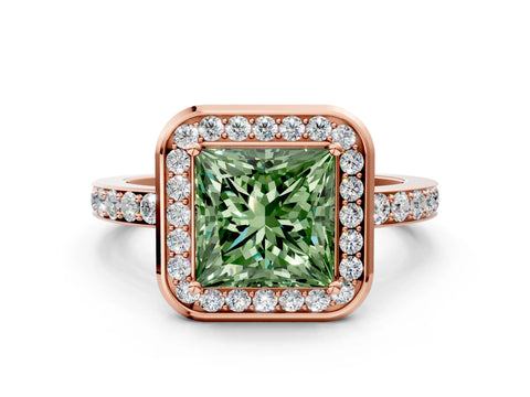 Rose gold Fancy Green Princess Cut Diamond Halo Ring with Bezel Frame and Pavé Band