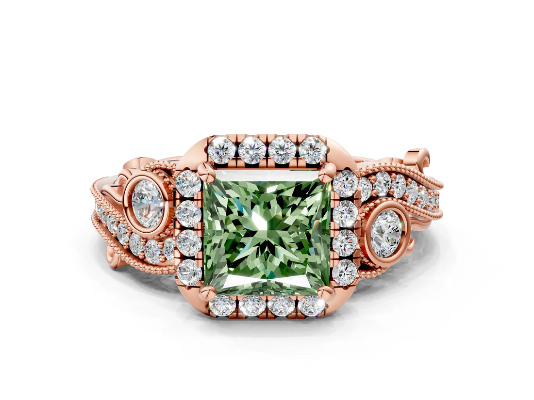 Rose gold Fancy Green Princess Cut Diamond Halo Ring with Milgrain Pavé Band and Four-Prong Setting_17