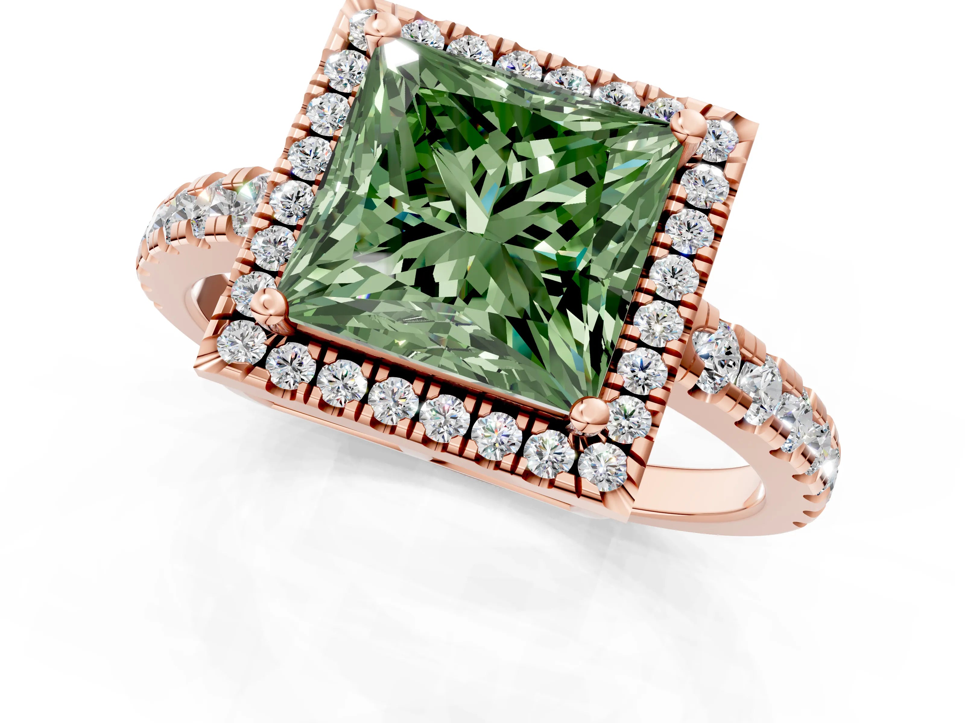 Rose gold Fancy Green Princess Cut Diamond Halo Ring with Pavé Band and Four-Prong Setting_1