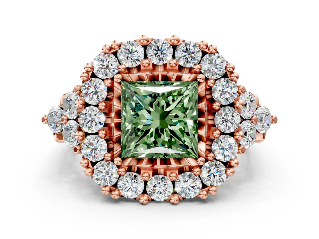 Rose gold Fancy Green Princess Cut Diamond Halo Ring with Pavé Band and Four-Prong Setting_17