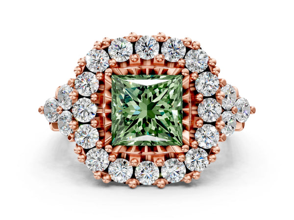 Rose gold Fancy Green Princess Cut Diamond Halo Ring with Pavé Band and Four-Prong Setting
