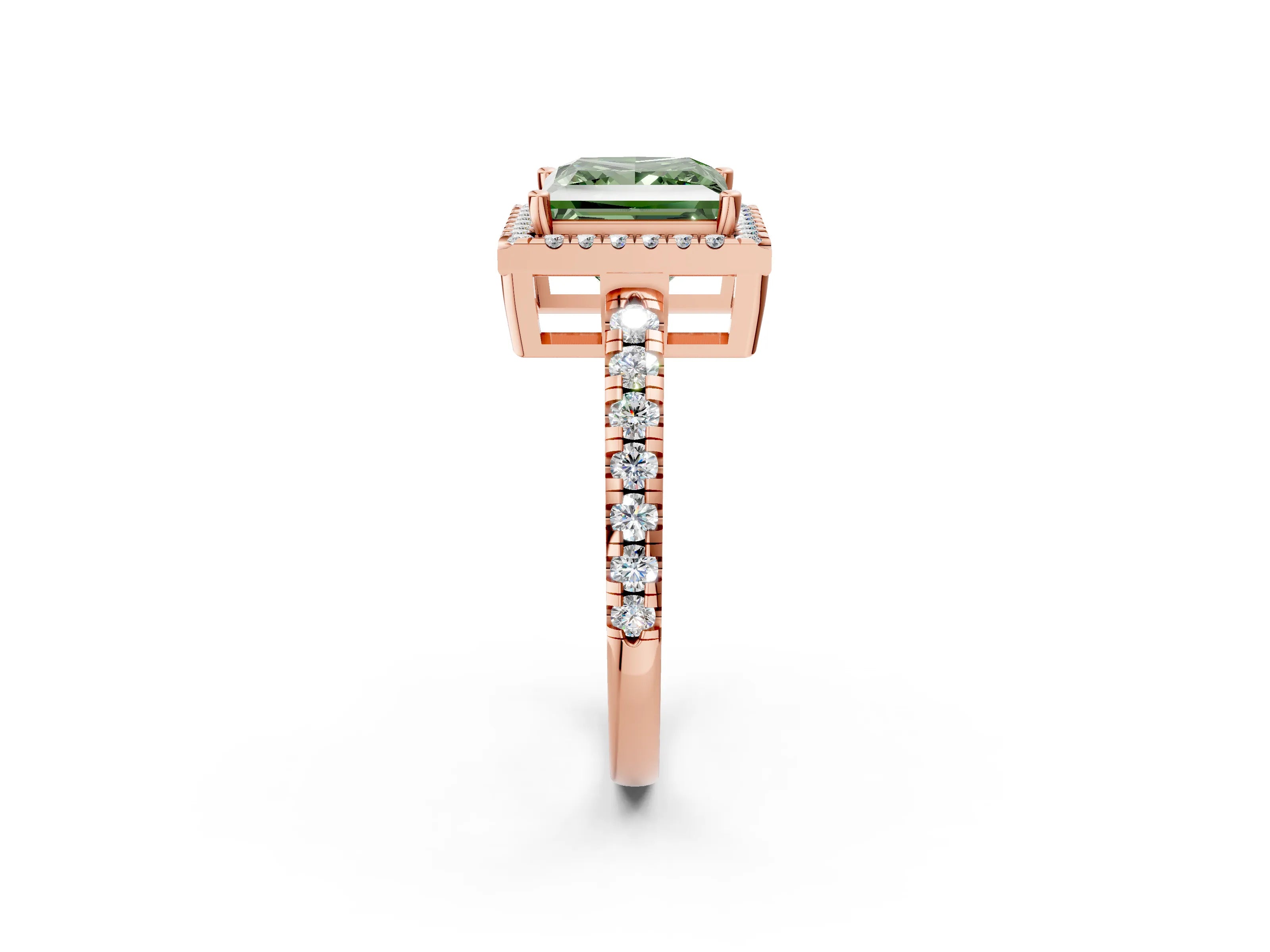 Rose gold Fancy Green Princess Cut Diamond Halo Ring with Pavé Band and Four-Prong Setting_2