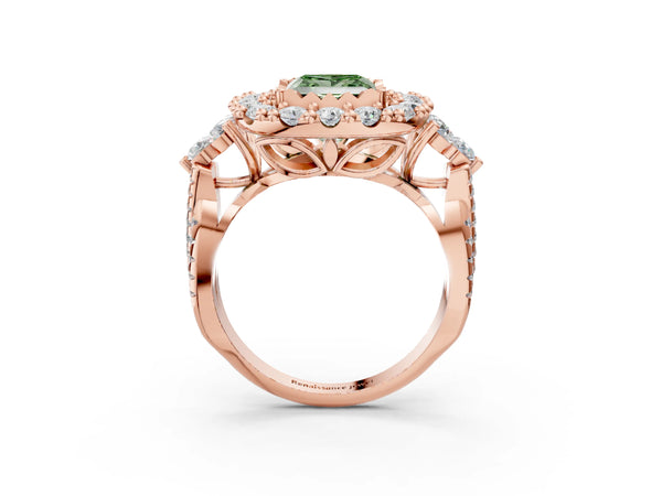 Rose gold Fancy Green Princess Cut Diamond Halo Ring with Pavé Band and Four-Prong Setting