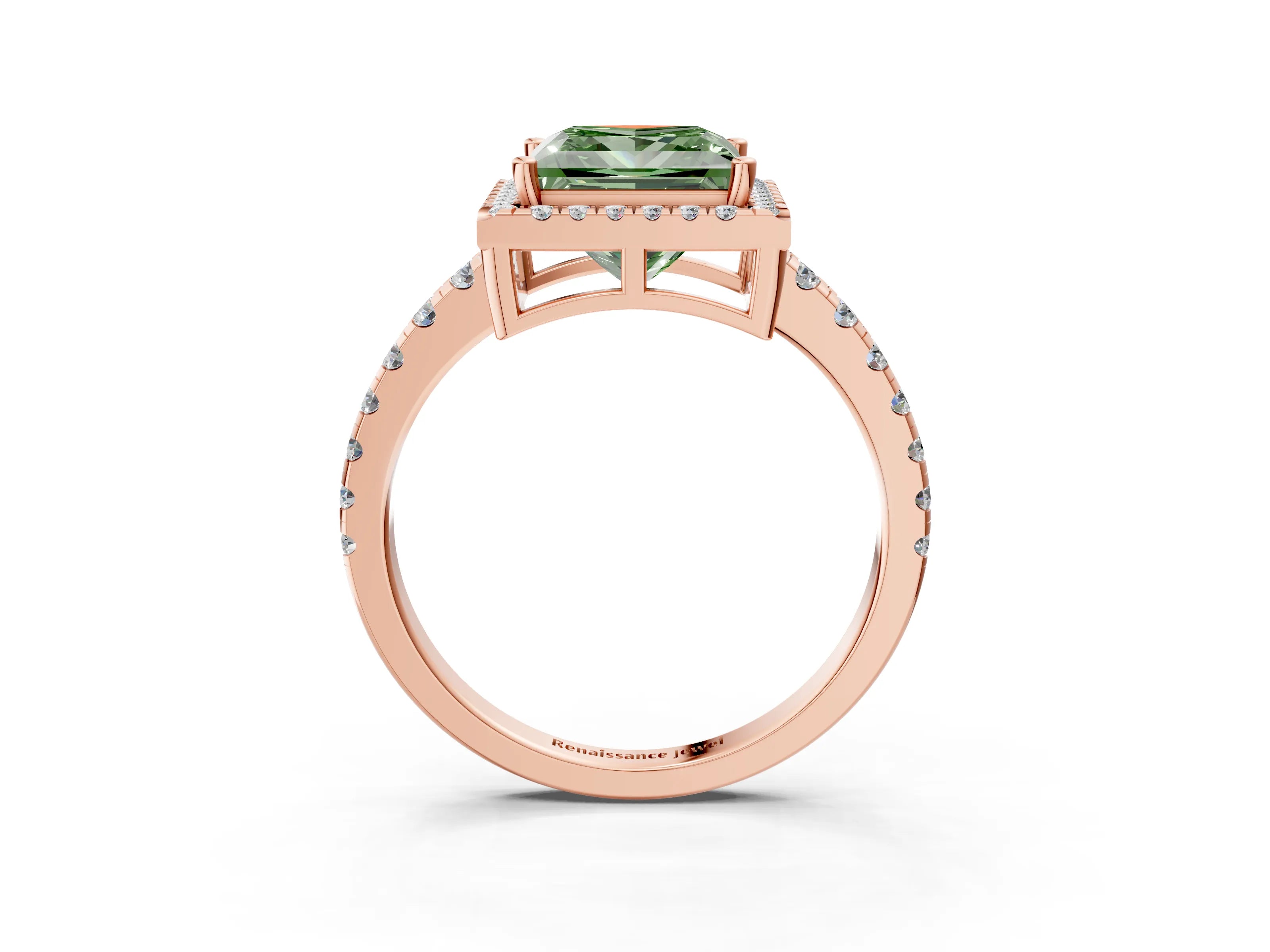 Rose gold Fancy Green Princess Cut Diamond Halo Ring with Pavé Band and Four-Prong Setting_3