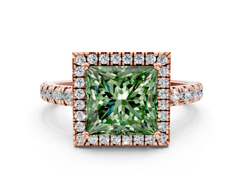 Rose gold Fancy Green Princess Cut Diamond Halo Ring with Pavé Band and Four-Prong Setting