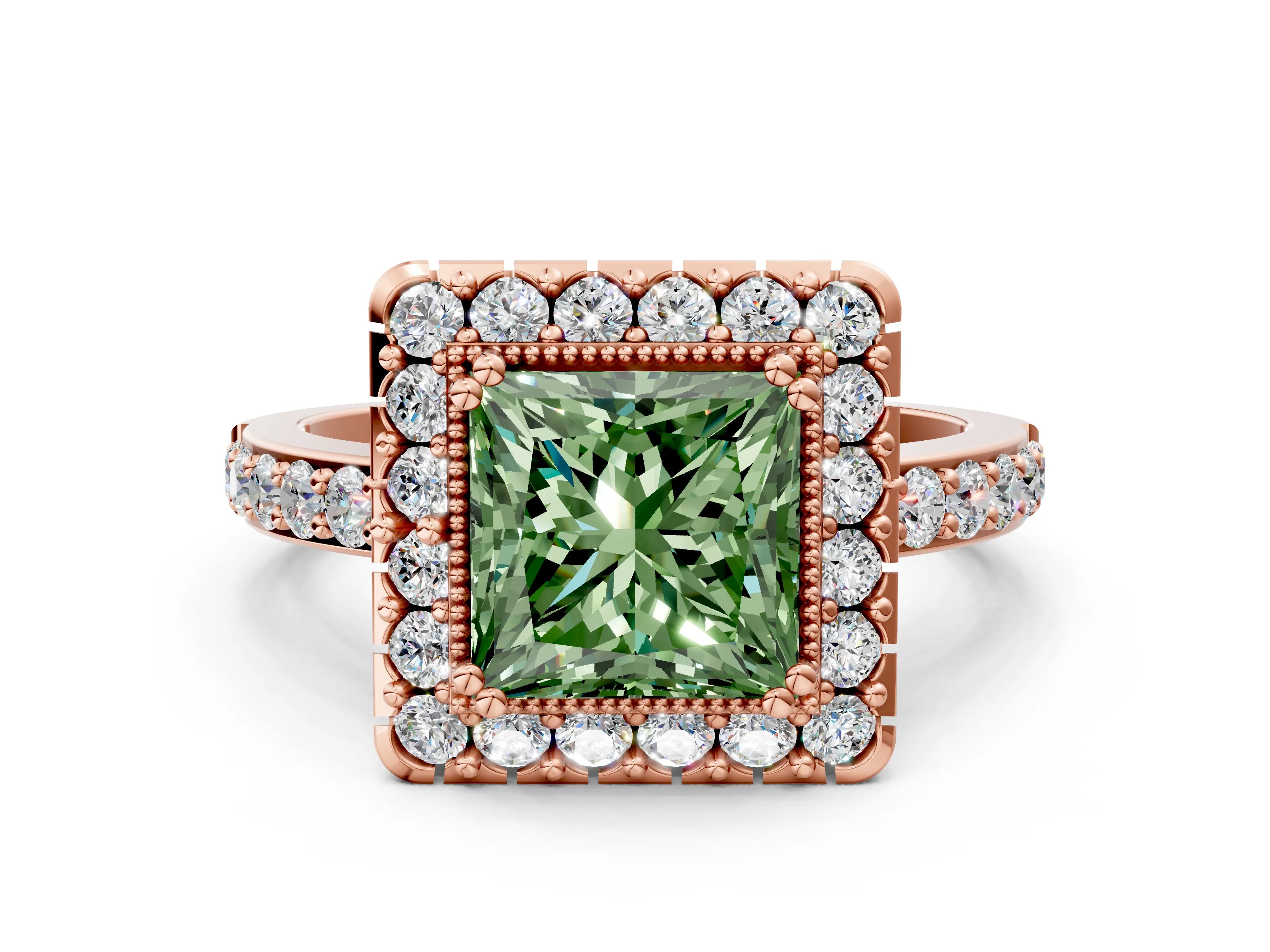 Rose gold Fancy Green Princess Cut Diamond Halo Ring with Pavé Band and Prong Setting