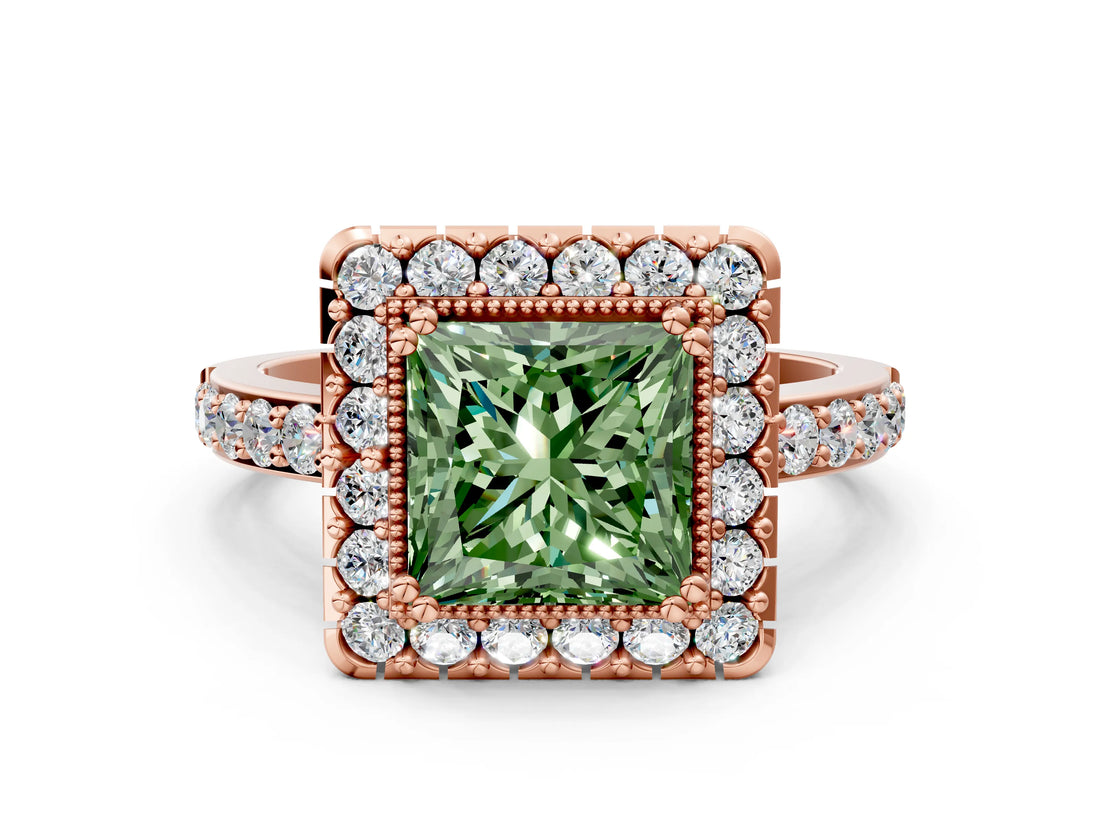 Rose gold Fancy Green Princess Cut Diamond Halo Ring with Pavé Band and Prong Setting