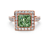 Rose gold Fancy Green Princess Cut Diamond Halo Ring with Pavé Band and Prong Setting
