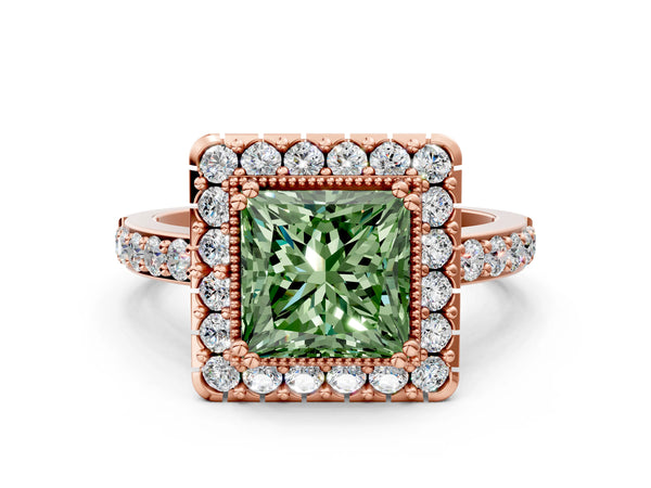 Rose gold Fancy Green Princess Cut Diamond Halo Ring with Pavé Band and Prong Setting