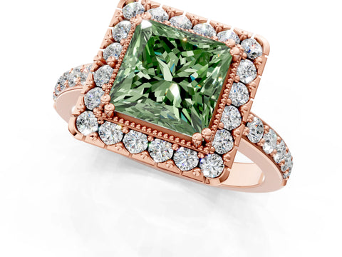Rose gold Fancy Green Princess Cut Diamond Halo Ring with Pavé Band and Prong Setting_1
