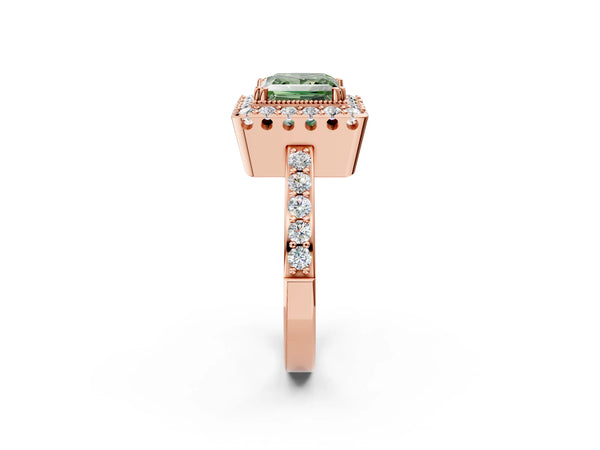 Rose gold Fancy Green Princess Cut Diamond Halo Ring with Pavé Band and Prong Setting