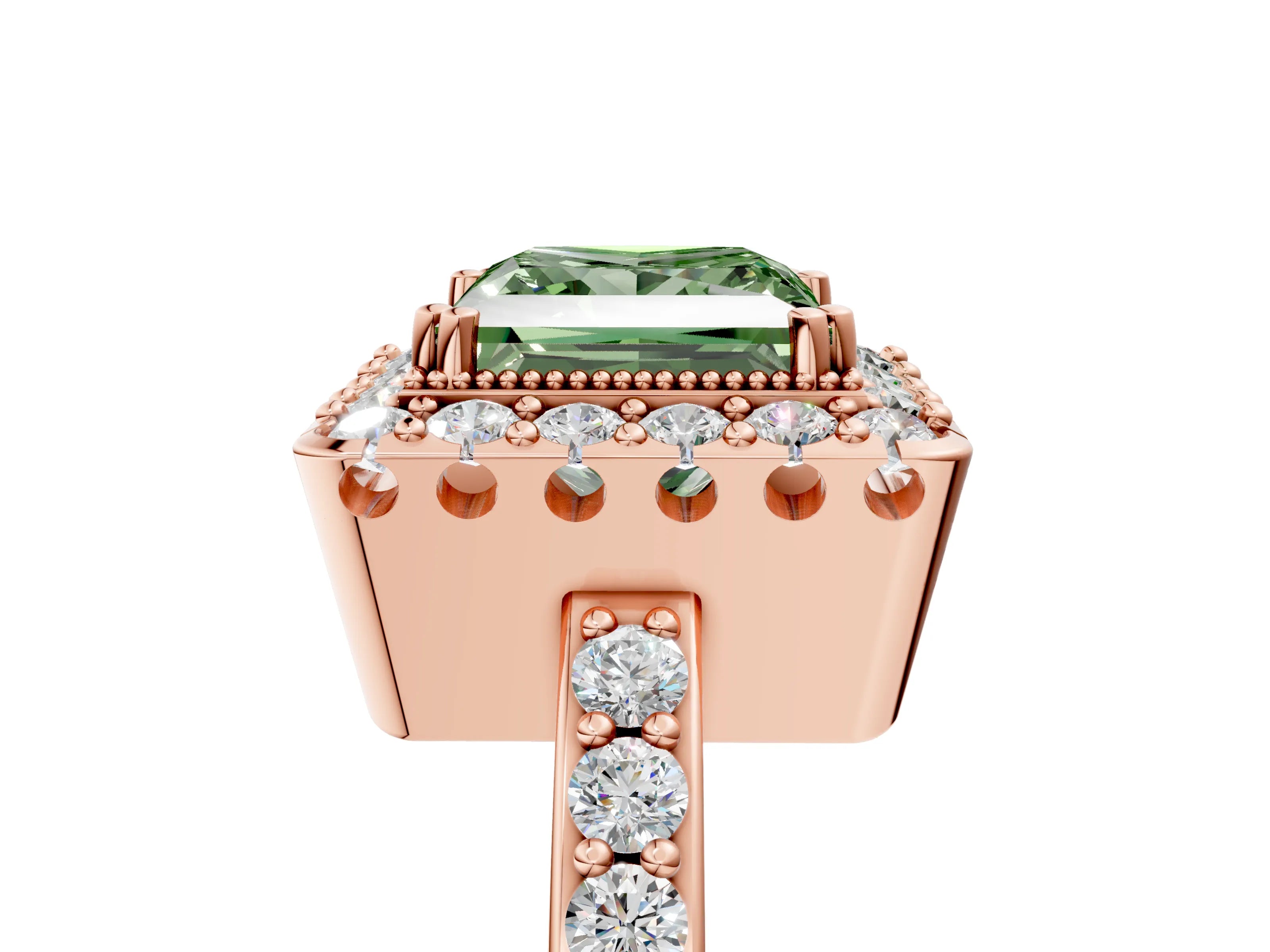 Rose gold Fancy Green Princess Cut Diamond Halo Ring with Pavé Band and Prong Setting_5
