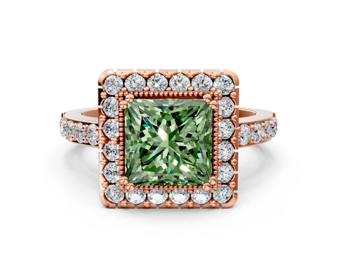 Rose gold Fancy Green Princess Cut Diamond Halo Ring with Pavé Band and Prong Setting
