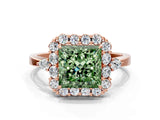 Rose gold Fancy Green Princess Cut Diamond Halo Ring with Pear Side Stones and Prong Setting_12