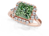 Rose gold Fancy Green Princess Cut Diamond Halo Ring with Pear Side Stones and Prong Setting_13