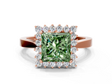 Rose gold Fancy Green Princess  Cut Diamond Halo Ring with Round Brilliant Halo and Solitaire Band