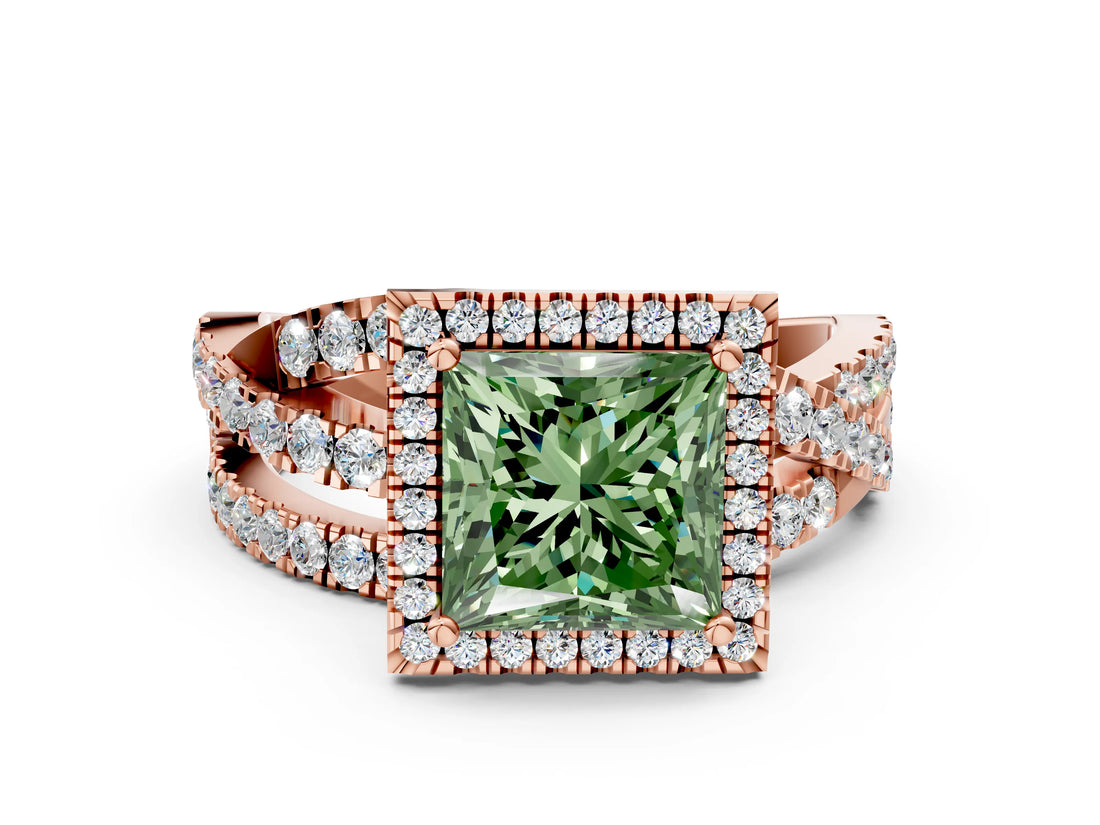 Rose gold Fancy Green Princess Cut Diamond Halo Ring with Round Split Shank and Prong Setting_36