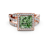 Rose gold Fancy Green Princess Cut Diamond Halo Ring with Round Split Shank and Prong Setting_36