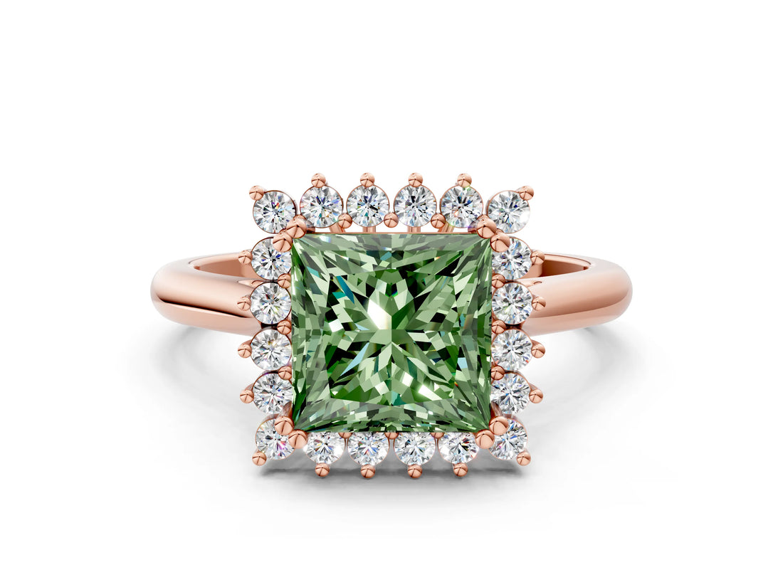Rose gold Fancy Green Princess  Cut Diamond Halo Ring with Solitaire Band and Prong Setting_29