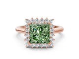 Rose gold Fancy Green Princess  Cut Diamond Halo Ring with Solitaire Band and Prong Setting_29