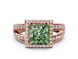 Rose gold Fancy Green Princess Cut Diamond Halo Ring with Split Shank Pavé Band and Four-Prong Setting