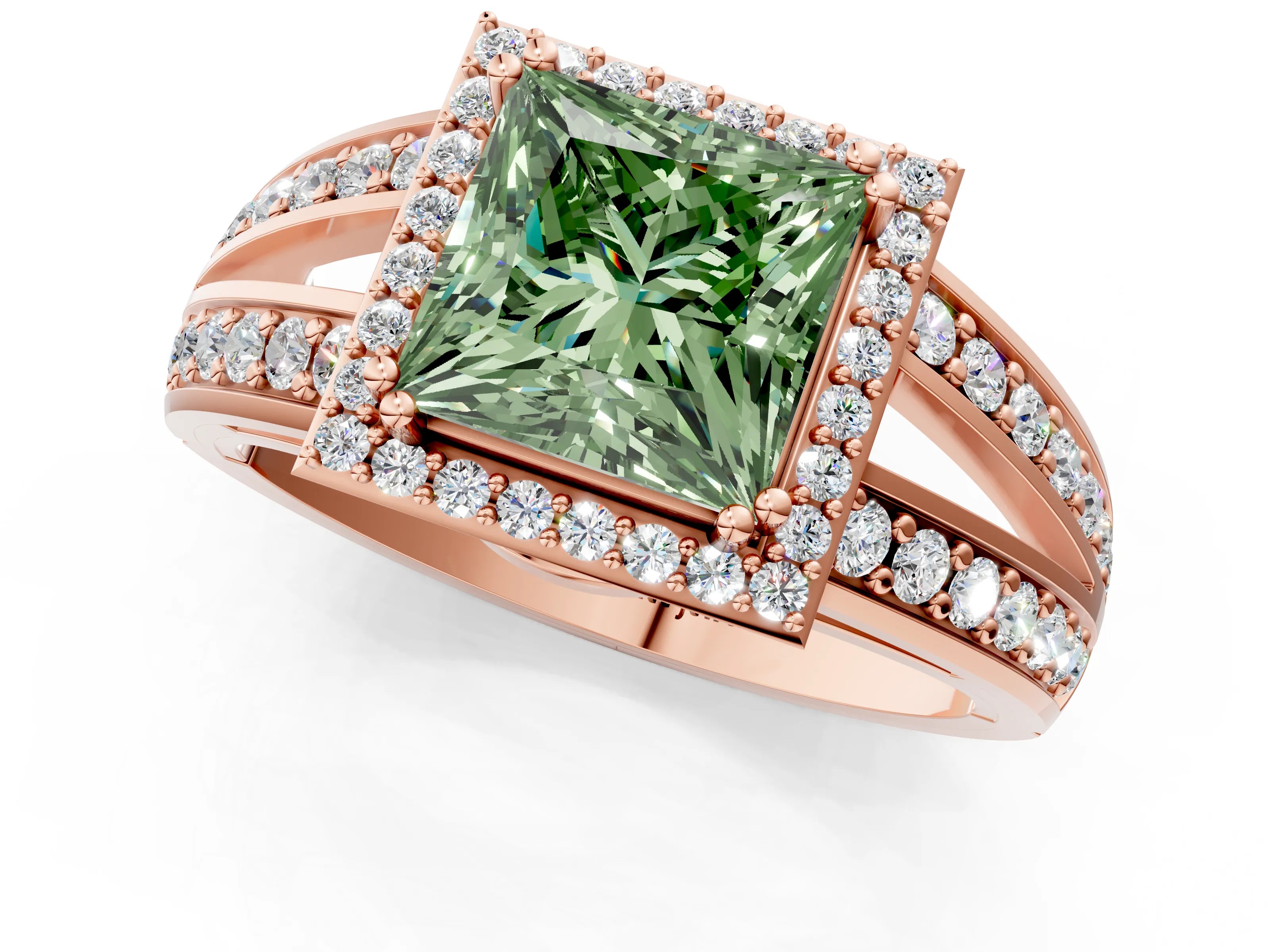 Rose gold Fancy Green Princess Cut Diamond Halo Ring with Split Shank Pavé Band and Four-Prong Setting_1