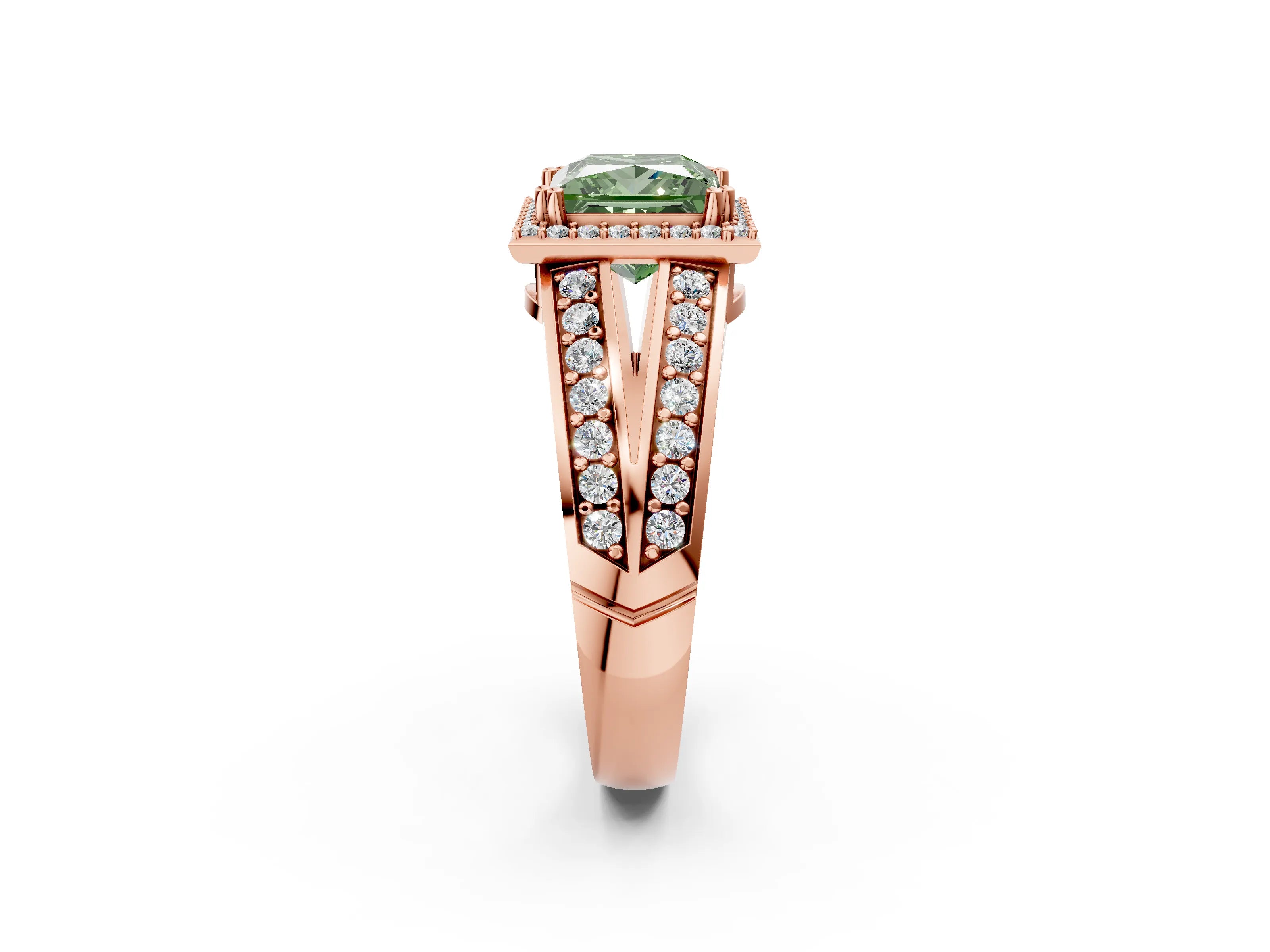 Rose gold Fancy Green Princess Cut Diamond Halo Ring with Split Shank Pavé Band and Four-Prong Setting_2