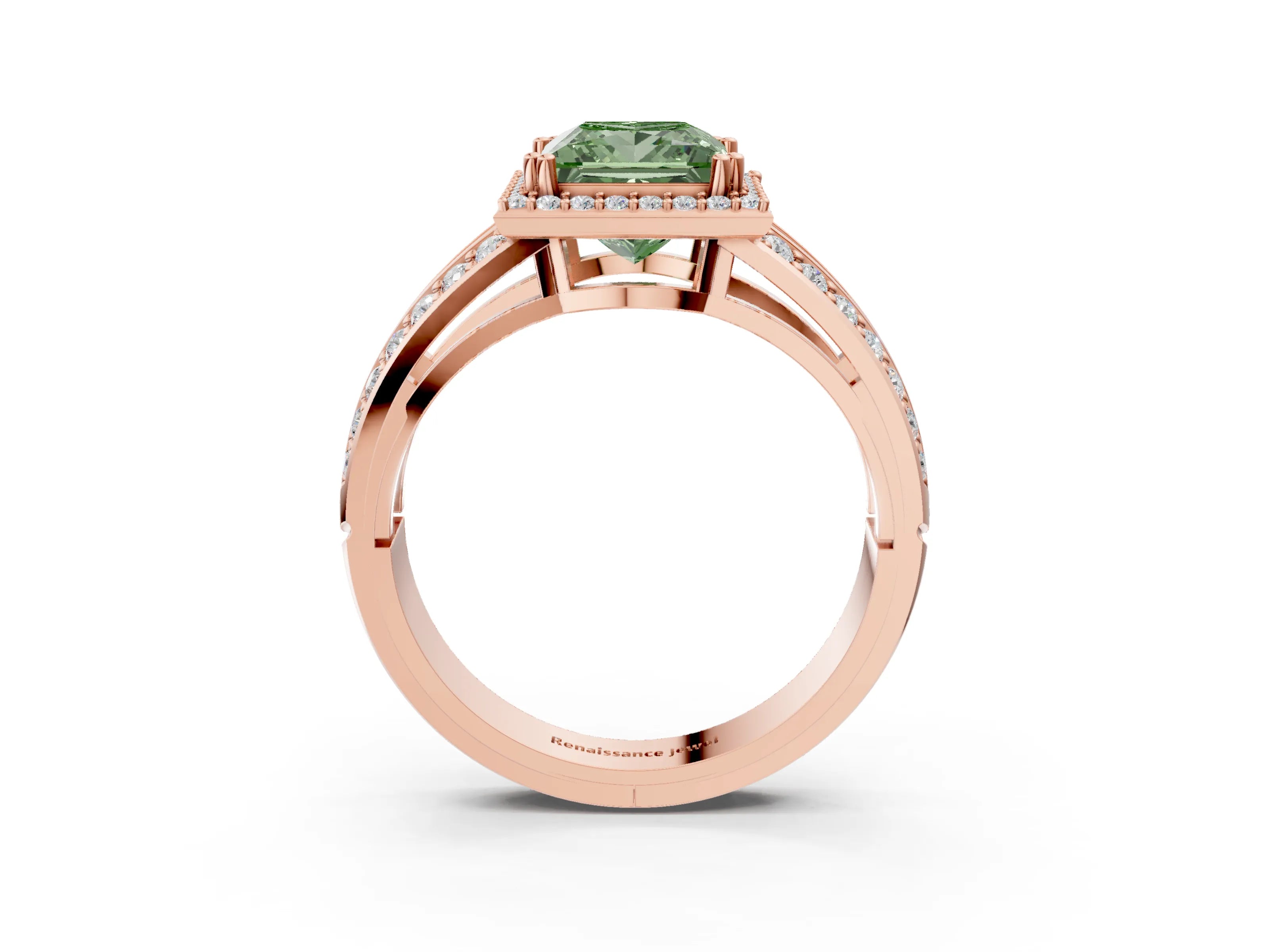 Rose gold Fancy Green Princess Cut Diamond Halo Ring with Split Shank Pavé Band and Four-Prong Setting_3