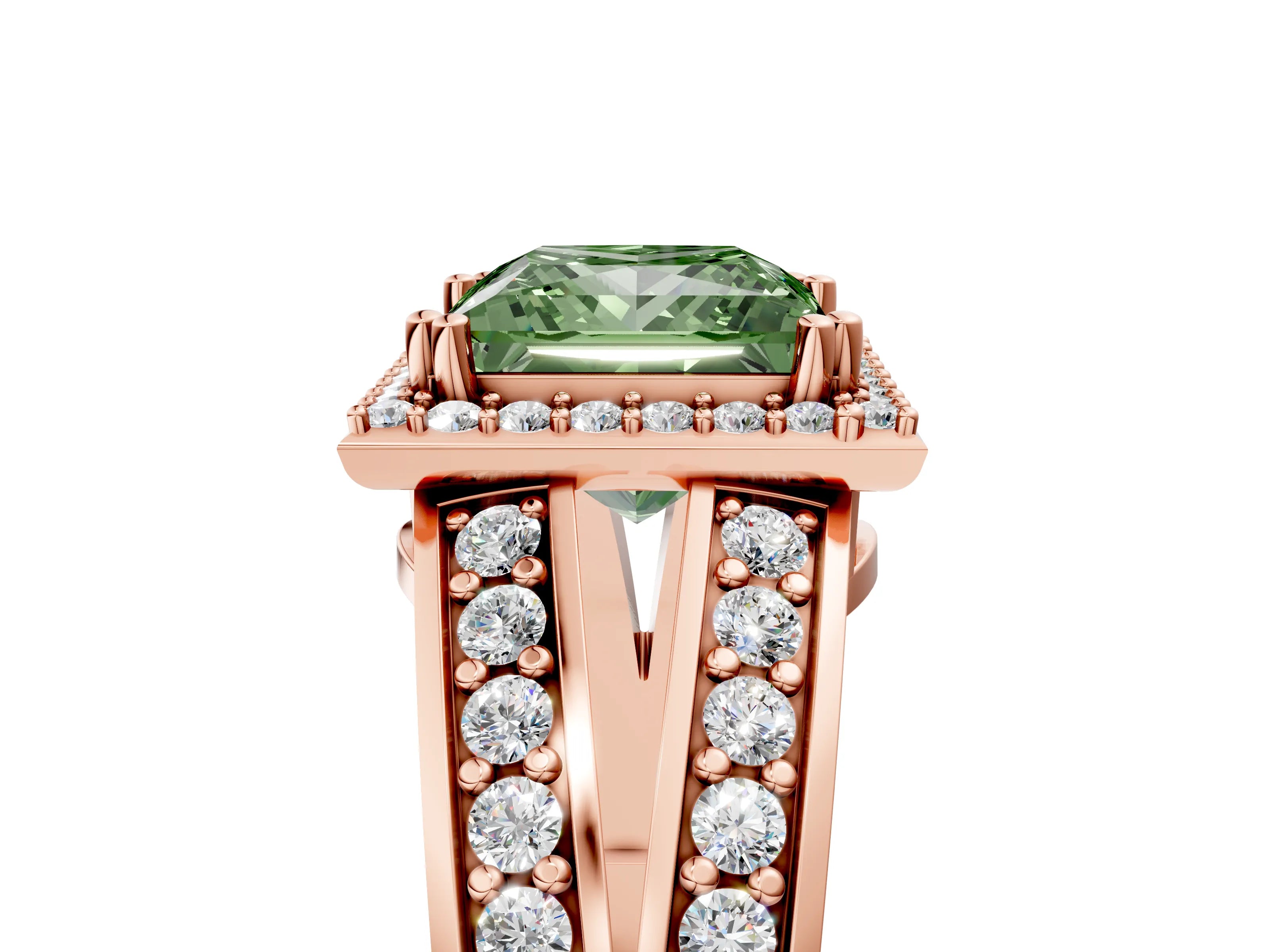 Rose gold Fancy Green Princess Cut Diamond Halo Ring with Split Shank Pavé Band and Four-Prong Setting_5