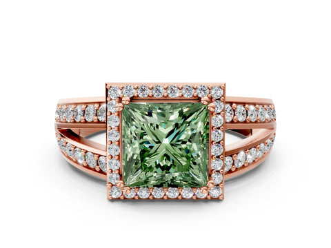 Rose gold Fancy Green Princess Cut Diamond Halo Ring with Split Shank Pavé Band and Four-Prong Setting