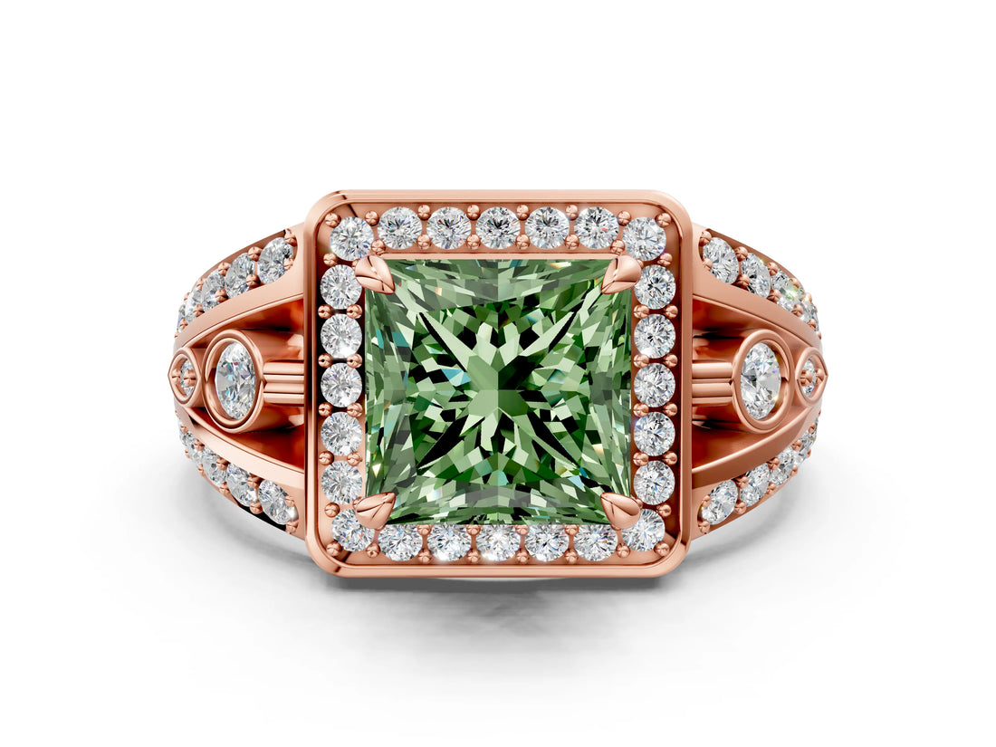 Rose gold Fancy Green Princess Cut Diamond Halo Ring with Split Shank and Bezel Accents and Four-Prong Setting
