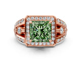 Rose gold Fancy Green Princess Cut Diamond Halo Ring with Split Shank and Bezel Accents and Four-Prong Setting