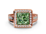 Rose gold Fancy Green Princess Cut Diamond Halo Ring with Split Shank and Bezel Accents and Prong Setting
